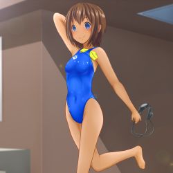 Rule 34 | 1girl, arena (company), barefoot, blue eyes, blue one-piece swimsuit, brown hair, competition swimsuit, covered navel, goggles, highleg, highleg swimsuit, highres, holding, holding goggles, object in clothes, object in swimsuit, one-piece swimsuit, original, short hair, smile, swim cap, swimsuit, tan, yonesuke (yonesukesuke)