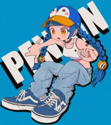 Rule 34 | 1girl, arm tattoo, barcode, barcode tattoo, baseball cap, black choker, blue background, blue footwear, blue hair, blue pants, braid, choker, commentary, crop top, cropped shirt, denim, full body, hair ornament, hat, highres, jeans, long hair, midriff, nao97122, open mouth, orange eyes, original, pants, penguin hat, shirt, shoelaces, shoes, sitting, sleeveless, sleeveless shirt, sneakers, solo, symbol-only commentary, tattoo, twin braids, white shirt