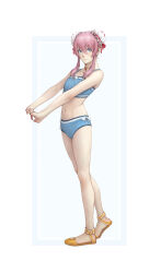 Rule 34 | 1girl, absurdres, blue eyes, bun cover, highres, kazuko (towa), looking to the side, outside border, pink hair, presea combatir, red ribbon, ribbon, sandals, simple background, solo, swimsuit, tales of (series), tales of symphonia