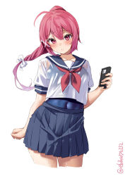 Rule 34 | 1girl, ahoge, alternate costume, blue sailor collar, blue skirt, blush, breasts, cellphone, collarbone, cowboy shot, ebifurya, hair between eyes, hair ribbon, highres, holding, holding phone, i-168 (kancolle), kantai collection, long hair, looking at viewer, navel, neckerchief, necktie, one-hour drawing challenge, one-piece swimsuit, phone, pleated skirt, ponytail, red hair, red necktie, ribbon, sailor collar, school swimsuit, school uniform, see-through, serafuku, shirt, short sleeves, simple background, skirt, small breasts, smartphone, smile, solo, swimsuit, swimsuit under clothes, twitter username, wet, wet clothes, white background, white shirt