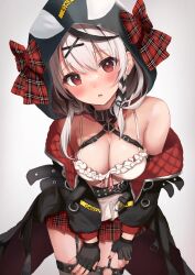 Rule 34 | 1girl, animal hood, black collar, black hair, black jacket, blush, bow, breasts, camisole, caution tape, cleavage, collar, fingerless gloves, garter straps, gloves, grey hair, hair ornament, highres, hololive, hood, hood up, jacket, large breasts, looking at viewer, medium hair, multicolored hair, open mouth, orca hood, plaid, plaid bow, plaid skirt, red eyes, ribbon, ryamuchan, sakamata chloe, simple background, skirt, solo, streaked hair, thighhighs, virtual youtuber, white camisole, x hair ornament