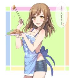 Rule 34 | 1girl, apron, bare arms, bare shoulders, blush, breasts, brown eyes, brown hair, chicken (food), chopsticks, cleavage, commentary, cowboy shot, denim, denim shorts, english commentary, food, food request, fried chicken, from side, holding, holding chopsticks, holding food, holding plate, karaage, kunikida hanamaru, large breasts, long hair, looking at viewer, love live!, love live! school idol festival, love live! sunshine!!, nearly naked apron, no bra, parted lips, partially translated, plate, short shorts, shorts, smile, solo, speech bubble, tonee, translation request