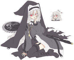 Rule 34 | 1girl, :d, arknights, arm support, black footwear, black nails, black thighhighs, blush, boots, chibi, circular saw, dress, garter straps, grey dress, grey hair, hand up, heart, long sleeves, looking at viewer, multiple views, nail polish, open mouth, puffy long sleeves, puffy sleeves, red eyes, satou kibi, saw, sharp teeth, simple background, smile, specter (arknights), teeth, thighhighs, thighhighs under boots, translation request, veil, white background