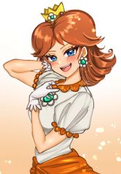 Rule 34 | 1girl, absurdres, blue eyes, blush, brown hair, crown, dress, fire daisy, gloves, grin, highres, looking at viewer, mario (series), nintendo, power-up, princess daisy, puffy short sleeves, puffy sleeves, short sleeves, smile, standing, super mario bros. wonder, tears, tomboy, white dress, yakiniku-chan (alice-sweets)