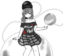 Rule 34 | 1girl, :d, arm support, chain, choker, clothes writing, earth (ornament), ganmaganmo, greyscale, heart, hecatia lapislazuli, highres, looking at viewer, monochrome, moon (ornament), off-shoulder shirt, off shoulder, open mouth, plaid, plaid skirt, shirt, short hair, sitting, sitting on object, skirt, smile, solo, splatter, spot color, touhou