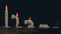 Rule 34 | 1boy, avogado6, black background, candle, colored skin, curled up, death, closed eyes, fire, fire, from side, halo, multiple views, original, personification, short hair, simple background, symbolism, white hair, white skin