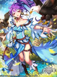Rule 34 | 1girl, artist name, barefoot, bird, boots, bracelet, company name, copyright name, dagger, eagle, earrings, gyakushuu no fantasica, jewelry, knife, leaf, long hair, muse (rainforest), open mouth, ponytail, purple hair, red eyes, rock, sky, solo, weapon