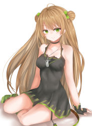 Rule 34 | 1girl, absurdres, ahoge, arm at side, arm support, bare shoulders, black choker, blush, bow, breasts, brown hair, choker, cleavage, collarbone, double bun, dress, eyes visible through hair, fingerless gloves, fishnet socks, fishnets, girls&#039; frontline, gloves, green eyes, hair between eyes, hair bow, hair bun, highres, jewelry, long hair, looking at viewer, medium breasts, multicolored clothes, multicolored dress, navel, necklace, rfb (girls&#039; frontline), ru zhai, see-through silhouette, short dress, sidelocks, simple background, sitting, smile, socks, sog tag, solo, strap, striped clothes, striped socks, thigh strap, wariza, white background