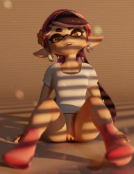 Rule 34 | 1girl, 3d, beanie, blender (medium), bottomless, callie (splatoon), come hither, earrings, feet, hat, highres, jewelry, legs apart, looking at viewer, looking down, mole, mole under eye, naughty face, nintendo, open mouth, presenting, pussy, seductive smile, shirt, smile, socks, solo, splatoon (series), spread legs, squid, t-shirt, tentacles, verysleepykat, white shirt