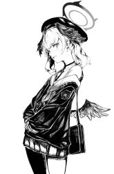 Rule 34 | 1girl, bad id, bad twitter id, bag, beret, blue archive, closed mouth, cowboy shot, greyscale, halo, handbag, hat, head wings, highres, indinu, jacket, koharu (blue archive), lips, long sleeves, looking at viewer, low wings, medium hair, miniskirt, monochrome, necktie, off shoulder, own hands together, sailor collar, short necktie, shoulder bag, skirt, solo, twintails, wings