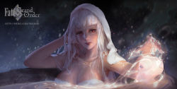 Rule 34 | 1girl, altera (fate), blunt bangs, breasts, cleavage, closed mouth, clothing request, copyright name, dark-skinned female, dark skin, fate/grand order, fate (series), glowing tattoo, highres, hood, hot tub, long hair, magic, red eyes, simple background, sitting, skull, solo, sparkle, sparks, steam, tagme, tattoo, train hb, wet, wet hair, white hair