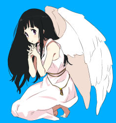Rule 34 | 1girl, angel wings, bare shoulders, barefoot, black hair, blue background, blush, bonbas24, chitanda eru, commentary, dress, feathered wings, full body, hyouka, interlocked fingers, kneeling, long hair, looking at viewer, own hands together, parted lips, purple eyes, rope, sidelocks, simple background, sleeveless, sleeveless dress, solo, white dress, white wings, wings