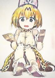 Rule 34 | 10s, 1girl, animal ears, black eyes, blonde hair, bow, bowtie, dress, elbow gloves, full body, gloves, highres, kemono friends, mizu asato, open mouth, polka dot, polka dot legwear, serval (kemono friends), serval print, serval tail, simple background, sitting, skirt, sleeveless, striped tail, tail, tape, thighhighs