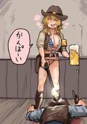 Rule 34 | 1girl, absurdres, alcohol, american flag bikini, american flag print, beer, beer mug, bikini, bikini under clothes, blonde hair, blush, brown hat, brown vest, chanta (ayatakaoisii), closed eyes, collared shirt, cup, firing, flag print, gun, hat, highres, holding, holding cup, indoors, long hair, mug, original, print bikini, shirt, solo, speech bubble, standing, swimsuit, tied shirt, translated, vest, weapon, white shirt