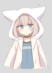 Rule 34 | 1girl, animal ears, arknights, black choker, blue eyes, blue vest, blush, choker, closed mouth, coat, collarbone, cropped torso, extra ears, fox ears, fox girl, grey background, grey hair, highres, hood, hood up, hooded coat, material growth, notice lines, oripathy lesion (arknights), ryoku sui, short hair, simple background, solo, split mouth, sussurro (arknights), vest, white coat