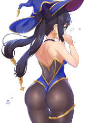 Rule 34 | 1girl, ass, bare shoulders, black hair, black pantyhose, blue hat, breasts, earrings, from behind, genmon, genshin impact, green eyes, hair ornament, hat, highres, huge ass, jewelry, leotard, long hair, mona (genshin impact), pantyhose, shiny clothes, shiny skin, sideboob, simple background, skindentation, solo, thighlet, twintails, very long hair, water, white background