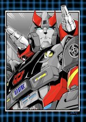 Rule 34 | autobot, blue eyes, bluestreak (transformers), checkered border, commentary, english commentary, frown, highres, inker-guy, looking up, mecha, no humans, robot, science fiction, shoulder cannon, solo, transformers, v-fin, western comics (style)