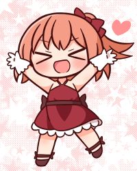 Rule 34 | &gt; &lt;, 1girl, :d, > <, arms up, bare shoulders, black footwear, blush, bow, brown hair, chibi, closed eyes, commentary request, dress, facing viewer, gloves, hair bow, hana kazari, happy happy friends, highres, hoshino hinata, open mouth, ponytail, red bow, red dress, shoes, sleeveless, sleeveless dress, smile, solo, standing, standing on one leg, star (symbol), starry background, watashi ni tenshi ga maiorita!, white gloves, xd
