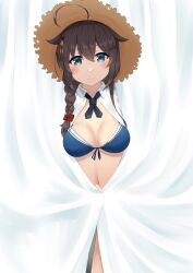 Rule 34 | 1girl, absurdres, ahoge, bikini, black hair, black ribbon, blue bikini, blue eyes, braid, breasts, brown hat, cleavage, collared shirt, covering privates, cowboy shot, curtains, dress shirt, front-tie bikini top, front-tie top, hair flaps, hair ornament, hair over shoulder, hat, highres, igarashi (whale shark sig), kantai collection, long hair, medium breasts, neck ribbon, open clothes, open shirt, ribbon, santa hat, shigure (kancolle), shigure kai san (kancolle), shirt, single braid, solo, straw hat, swimsuit, white shirt