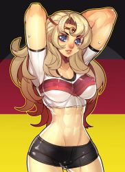 Rule 34 | 1girl, 2014 fifa world cup, abs, absurdres, breasts, circlet, crop top, fengmo, german flag, german text, germany, highres, impossible clothes, impossible shirt, large breasts, midriff, original, shirt, short shorts, shorts, smile, solo, sweat, world cup