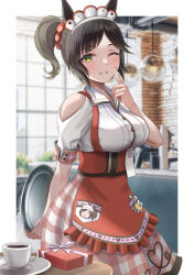 Rule 34 | 1girl, absurdres, animal ears, apron, blush, box, breasts, brown hair, cafe, clothing cutout, cup, diagonal bangs, dress, gift, gift box, green eyes, grin, highres, holding, holding tray, horse ears, horse girl, indoors, ines fujin (melty gift) (umamusume), ines fujin (umamusume), large breasts, looking at viewer, maid headdress, mu-to, nail polish, one eye closed, outside border, pointing, pointing at self, shoulder cutout, side ponytail, smile, solo, tray, umamusume, waitress