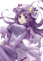 Rule 34 | 1girl, aged up, akisome hatsuka, breasts, capelet, crescent, crescent pin, dress, hat, large breasts, long hair, long sleeves, looking at viewer, mob cap, open mouth, patchouli knowledge, purple capelet, purple dress, purple eyes, purple hair, purple hat, simple background, solo, touhou, white background