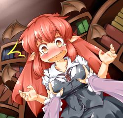 Rule 34 | 2girls, bat wings, blush, book, bookshelf, grabbing another&#039;s breast, breasts, brown eyes, buttons, collarbone, colored eyelashes, detached wings, dress shirt, dutch angle, ear blush, eyebrows, eyelashes, fang, fangs, female focus, female pov, fingernails, grabbing, head wings, koakuma, long hair, long sleeves, mini wings, multiple girls, necktie, open mouth, patchouli knowledge, pointy ears, pov, red eyes, red hair, shellmound, sherumaa (shellmound), shirt, short sleeves, sidelocks, skirt, skirt set, small breasts, ^^^, surprised, tears, embodiment of scarlet devil, touhou, very long hair, vest, wavy mouth, wings, yuri