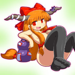 Rule 34 | 1girl, black thighhighs, bow, censored, censored nipples, collarbone, convenient censoring, cup, fang, female focus, flat chest, gomi ichigo, gourd, hair bow, hair censor, hair over breasts, highres, horns, ibuki suika, long hair, nude, open mouth, orange hair, red eyes, sakazuki, sitting, smile, solo, thighhighs, touhou, very long hair