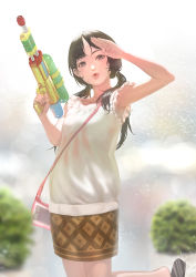 Rule 34 | 1girl, bag, bare arms, bare shoulders, black hair, blouse, blurry, blurry background, bokeh, brown skirt, commentary request, depth of field, dress, grey eyes, gun, handbag, head tilt, highres, holding, holding gun, holding weapon, kneeling, looking at viewer, low twintails, omeno (digitalome), parted bangs, parted lips, pencil skirt, salute, sandals, shirt, skirt, solo, standing, tree, twintails, water gun, weapon, white dress, white shirt