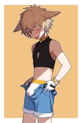 Rule 34 | 1boy, animal ears, bandaid, bandaid on cheek, bandaid on face, black shirt, black tank top, blonde hair, blue shorts, blush, border, bulge, cowboy shot, crop top, dog boy, dog ears, dressing, gloves, highres, i&#039;ve never seen a guy recreate this successfully tbh (meme), jewelry, male focus, male underwear, meme, navel, necklace, one eye closed, open mouth, orange eyes, original, precum, reizu, shadow, shirt, short hair, shorts, solo, tank top, teeth, tongue, tongue out, underwear, variant set, white border, white gloves, white male underwear, yellow collar