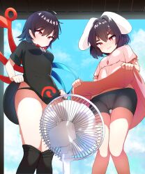 Rule 34 | 2girls, animal ears, bike shorts, black dress, black hair, closed mouth, clothes lift, day, dress, dress lift, electric fan, highres, hot, houjuu nue, inaba tewi, jewelry, lifting own clothes, medium hair, multiple girls, necklace, open mouth, pajhmh, pink dress, rabbit ears, rabbit girl, red eyes, short sleeves, sweat, touhou