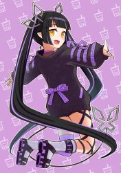 Rule 34 | 1girl, black footwear, black hair, black jacket, black ribbon, blunt bangs, blush, boots, bubble tea, commentary request, cross-laced clothes, cross-laced sleeves, demon girl, demon horns, demon tail, food print, full body, horns, ishimari, jacket, kojo anna, kojo anna (1st costume), leg ribbon, long hair, long sleeves, looking at viewer, looking back, multicolored footwear, multicolored hair, nanashi inc., open mouth, pointy ears, purple background, purple footwear, purple hair, purple thighhighs, ribbon, russian text, single thighhigh, smile, solo, sugar lyric, tail, textless version, thighhighs, twintails, two-tone hair, very long hair, virtual youtuber, white footwear, yellow eyes