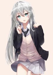 Rule 34 | 1girl, :d, black jacket, black necktie, brown background, brown cardigan, cardigan, collared shirt, copyright request, green eyes, grey hair, grey skirt, hair between eyes, hands up, highres, jacket, leaning forward, long sleeves, long wuxian, necktie, open clothes, open jacket, open mouth, pleated skirt, puffy long sleeves, puffy sleeves, school uniform, shirt, simple background, skirt, sleeves past wrists, smile, solo, white shirt