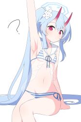 Rule 34 | 1girl, ?, absurdres, arm support, arm up, armpits, bikini, blue archive, blue bikini, blue hair, blush, breasts, chise (blue archive), chise (swimsuit) (blue archive), closed mouth, commentary request, feet out of frame, flower, hagoonha, hair flower, hair ornament, highres, horns, invisible chair, leaning to the side, long hair, navel, oni horns, pink eyes, red horns, sailor collar, shadow, side-tie bikini bottom, side ponytail, sidelocks, simple background, sitting, small breasts, solo, striped bikini, striped clothes, swimsuit, thighs, very long hair, white background, white sailor collar
