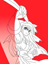 Rule 34 | 1girl, ainu clothes, arm up, armpits, attack, breasts, fingerless gloves, gloves, hair ribbon, legs, long hair, medium breasts, monochrome, nakoruru, pants, ribbon, samurai spirits, serious, snk, solo, the king of fighters, thighs, weapon