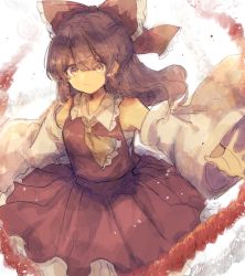 Rule 34 | 1girl, ascot, bare shoulders, bow, breasts, brown eyes, brown hair, closed mouth, detached sleeves, eyes visible through hair, feet out of frame, frills, hair bow, hair tubes, hakurei reimu, highres, kujikimi, long hair, looking at viewer, outstretched arms, petticoat, red bow, red skirt, red vest, rope, sarashi, serious, shimenawa, sidelocks, simple background, skirt, skirt set, small breasts, solo, standing, touhou, v-shaped eyebrows, vest, white background, wide sleeves, yellow ascot