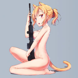Rule 34 | 1girl, animal ears, arm up, assault rifle, bad id, bad pixiv id, barefoot, blonde hair, blush, breast press, breasts, cat ears, cat tail, coffeiz p, completely nude, from side, gun, hair ribbon, holding, holding gun, holding weapon, knee up, looking at viewer, medium breasts, nude, on one knee, open mouth, original, ponytail, red eyes, ribbon, rifle, saliva, saliva trail, sexually suggestive, shiny skin, sidelocks, simple background, soles, solo, tail, tongue, tongue out, weapon
