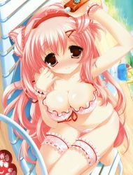 Rule 34 | 00s, 11eyes, 1girl, absurdres, azuma shione, beach, bikini, breasts, bridal garter, chair, highres, large breasts, long hair, lotion, pink eyes, pink hair, ribbon, sand, smile, solo, sunscreen, swimsuit, twintails, very long hair, youta