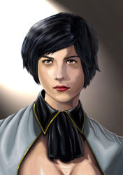 Rule 34 | 1girl, androgynous, black hair, black scarf, breasts, brown eyes, cleavage, closed mouth, elisabeth blanctorche, expressionless, highres, lips, scarf, selma blair, short hair, snk, solo, swept bangs, the king of fighters, upper body