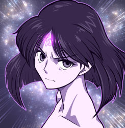 Rule 34 | 1girl, angry, arms at sides, bare shoulders, bishoujo senshi sailor moon, black hair, closed mouth, collarbone, eyelashes, facial mark, forehead mark, from side, looking at viewer, nakata shunpei, neck, no bra, nude, pale skin, parted bangs, purple eyes, sailor saturn, saturn symbol, serious, short hair, solo, tomoe hotaru, topless, topless frame, turning head, upper body, v-shaped eyebrows