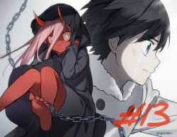 Rule 34 | 10s, 1boy, 1girl, black hair, blue eyes, colored skin, couple, crying, crying with eyes open, darling in the franxx, green eyes, hiro (darling in the franxx), horns, long hair, pink hair, red skin, short hair, signature, tears, toma (norishio), zero two (darling in the franxx)