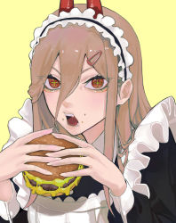 Rule 34 | + +, 1girl, burger, chainsaw man, cheese, cross-shaped pupils, crumbs, eating, fangs, food, hair between eyes, hair ornament, hairclip, highres, holding, holding food, horns, long hair, looking at viewer, maid, maid headdress, open mouth, power (chainsaw man), puffy sleeves, red horns, sailen0, sleeve garter, solo, symbol-shaped pupils, yellow eyes