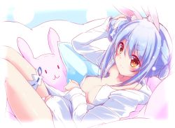 Rule 34 | 1girl, alternate costume, animal ear fluff, animal ears, blue hair, blush, breasts, brown eyes, cleavage, collarbone, commentary request, hair between eyes, highres, hololive, bridal garter, looking at viewer, lying, nanaume (shichimi tougarashi), on side, panties, pillow, rabbit ears, shirt, small breasts, solo, thick eyebrows, underwear, usada pekora, virtual youtuber