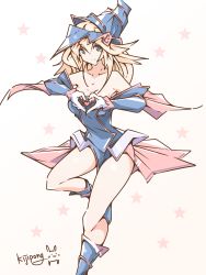 Rule 34 | 1girl, armpit peek, bare shoulders, beige background, blonde hair, blue dress, blue footwear, blue hat, blush, boots, breasts, capelet, cleavage, closed mouth, collarbone, dark magician girl, doodle, dress, duel monster, gloves, gradient background, green eyes, hair between eyes, hands up, hat, heart, heart hands, highres, kijipong, knee boots, large breasts, leg up, light smile, long hair, looking at viewer, off-shoulder dress, off shoulder, pentacle, pink skirt, shiny clothes, shiny skin, showgirl skirt, signature, sketch, skirt, smile, solo, star (symbol), starry background, thighs, white gloves, wizard hat, yu-gi-oh!, yu-gi-oh! duel monsters