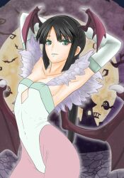Rule 34 | 1girl, armpits, arms behind head, bat wings, black hair, breasts, capcom, character request, cosplay, covered navel, demon girl, green eyes, highres, legs, leotard, lilith aensland, looking at viewer, low ponytail, parted lips, seductive smile, small breasts, smile, solo, thighs, vampire (game), wings