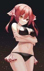Rule 34 | 1girl, arms under breasts, bare shoulders, bikini, black bikini, breasts, commentary, cowboy shot, hair between eyes, hair ribbon, halterneck, highres, hololive, houshou marine, large breasts, long hair, mame (hyeon5117), navel, red eyes, red hair, red ribbon, ribbon, side-tie bikini bottom, solo, standing, stomach, string bikini, swimsuit, twintails, virtual youtuber, yellow eyes