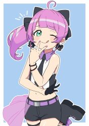 Rule 34 | 1girl, :q, ahoge, akichi 360, arched bangs, black footwear, black gloves, black necktie, black ribbon, black shorts, boots, bracelet, collared shirt, commentary, cropped shirt, earrings, floating hair, furrowed brow, gloves, green eyes, hair ribbon, half-skirt, half gloves, highres, jewelry, long hair, looking at viewer, midriff, mochi hiyoko, mochipro, navel, necktie, one eye closed, pearl earrings, pink nails, ponytail, ribbon, shirt, short shorts, shorts, single half glove, sleeveless, sleeveless shirt, smile, solo, standing, standing on one leg, symbol-only commentary, tongue, tongue out, v over mouth, virtual youtuber