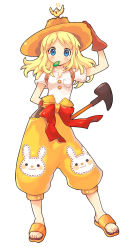 Rule 34 | :3, anger vein, arm behind back, arm up, axe, backpack, bag, bird, bittersweet (dalcoms), blonde hair, blue eyes, blush, rabbit, gloves, hat, hatchet, hatchet (axe), holding, leaf, long hair, open mouth, ribbon, sandals, short sleeves, solo, straw hat, weapon