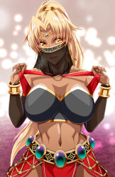 Rule 34 | 1girl, absurdres, akuron (acllon), bare shoulders, blonde hair, bracelet, breasts, circlet, cleavage, dark-skinned female, dark skin, earrings, high ponytail, highres, jewelry, large breasts, long hair, looking at viewer, mouth veil, navel, o-ring, open mouth, parted bangs, ponytail, sasha (sennen sensou aigis), see-through, sennen sensou aigis, solo, standing, tan, tongue, tongue out, veil, very long hair, yellow eyes