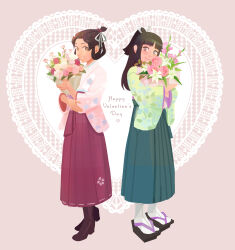 Rule 34 | 2girls, absurdres, ace attorney, bangs pinned back, black hair, blunt bangs, blush, boots, bouquet, brown eyes, brown hair, closed mouth, floral print, flower, full body, green kimono, hair ribbon, hair rings, hakama, hakama skirt, happy valentine, highres, holding, holding bouquet, japanese clothes, kimono, long hair, long sleeves, multiple girls, open mouth, pink flower, pink kimono, ponytail, rei membami, ribbon, skirt, smile, standing, susato mikotoba, the great ace attorney, the great ace attorney 2: resolve, updo, wawe, wide sleeves